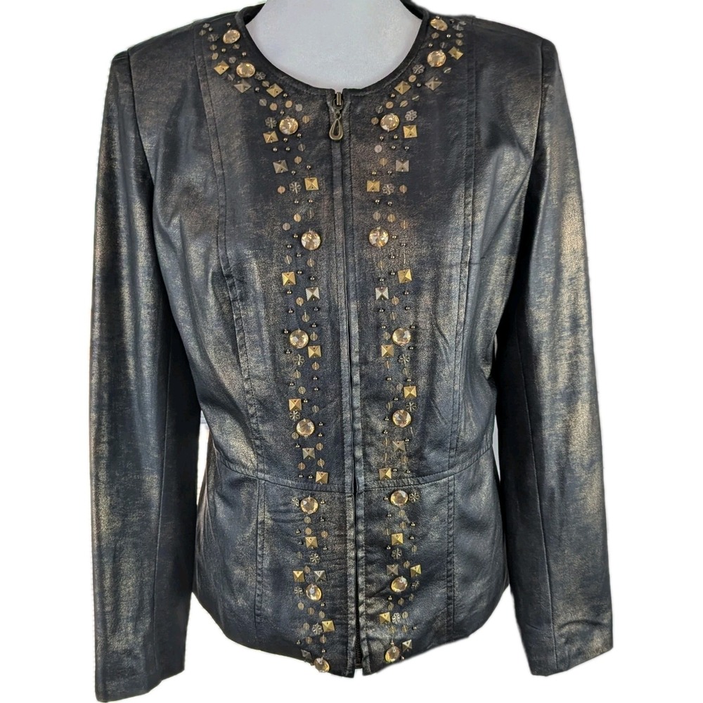 Choices Petite Jacket Size Medium‎ Full Zip Distressed Metallic Gold Embellished